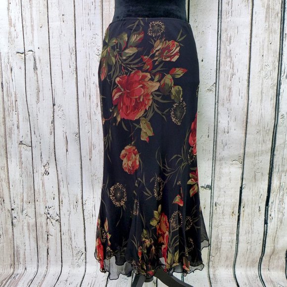 Lapis Dresses & Skirts - Lapis Flutter Black Roses godet skirt Medium